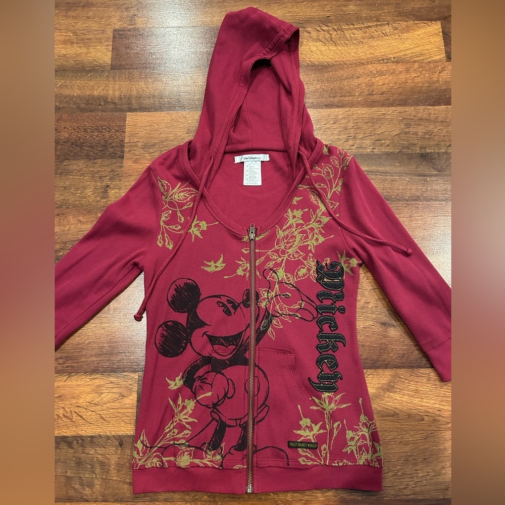 Y2K Disney World Mickey Mouse Pink Waffle Knit 3/4 Hooded Zip-Up Sweatshirt M
